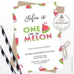 one in a melon invitation for a watermelon party Melon First Birthday Party, One In A Melon Invitation, Watermelon Party Invitations, Watermelon First Birthday, Watermelon Invitations, Melon Birthday, First Birthday Invite, Text Edit