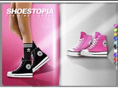 an advertisement for shoestopia featuring two women's high top sneakers