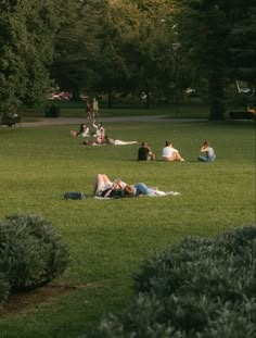 several people are laying on the grass in a park with trees and bushes behind them