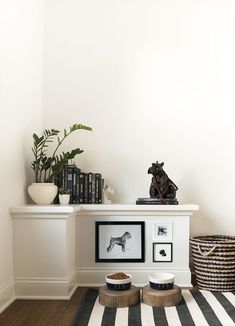 a white and black striped rug in front of a shelf with pictures on it, two dogs figurines