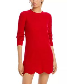 AQUA Scallop Hem Cashmere Mini Dress - Exclusive | Bloomingdale's Fitted Long Sleeve Cashmere Dress, Scallop Hem, Inner Mongolia, Apple Red, Scalloped Hem, Mongolia, Big Apple, Soft Yarn, Red Apple