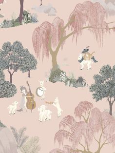 a pink wallpaper with animals and trees