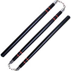 two black and red poles with chains on them