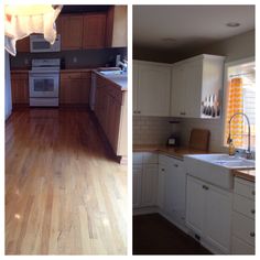 two pictures of a kitchen with white cabinets and wood flooring, one is empty