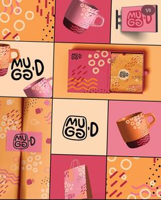 an assortment of coffee cups and mugs with the words mud god on them in different colors