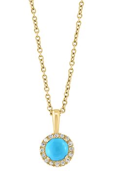 A elegant 14-karat yellow-gold necklace features a prong-set turquoise with a diamond halo for luxurious sparkle. 18" length; 1/2" diameter pendant Lobster clasp closure Total turquoise weight: 0.40ct. Total diamond weight: 0.06ct. Color: H–I Clarity: I1–I2 14k gold/turquoise/diamond Made in the USA Diamond Guide Turquoise Diamond Necklace Fine Jewelry, Turquoise Diamond Necklace In Fine Jewelry Style, Fine Jewelry Turquoise With Halo Setting, Turquoise Round Jewelry With Halo Setting, Turquoise Jewelry With Halo Setting, Formal Turquoise Jewelry With Halo Setting, Elegant Yellow Gold Turquoise Necklace With Round Pendant, Elegant Turquoise Necklace With Round Pendant In Yellow Gold, Diamond Guide