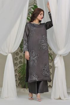 2 Piece Straight Shirt with Trouser Details: Embroidered Shirt Plain Trouser Color: Dark Grey Fabric: Katan Silk Organza Dupatta, Pakistani Dress Design, Silk Dupatta