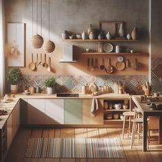 a kitchen filled with lots of counter top space and wooden flooring covered in pots and pans