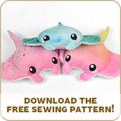 two pink and blue stuffed animals with the words free sewing pattern below it that says,