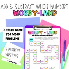 the word and subtract whole numbers worksheet is on top of a clipboard