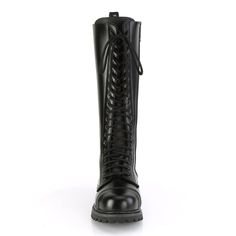 20 Eyelet Unisex Steel Toe Knee Boot, Rubber Sole - Fit Guide: True to Size - Heel Height: 1 1/4" Heel - Brand: Demonia - Unisex (Sizes are shown in Men's), Women order up 2 Sizes - Country of Origin: Imported Alternative Shoes, Single Sole Heels, Festival Shoes, Leather Knee Boots, Punk Boots, Gogo Boots, Cosplay Shoes, Knee Boot, Knee High Leather Boots