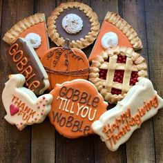 decorated cookies in the shape of pies with writing on them and words that say goodbye till you wobble