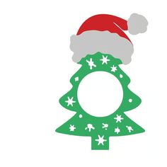 a green christmas tree with a santa hat on it's head and the letter o