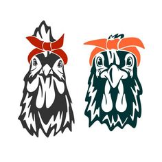 two roosters with red bows on their heads