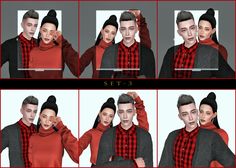 multiple pictures of a man and woman in different poses with their hands on their head