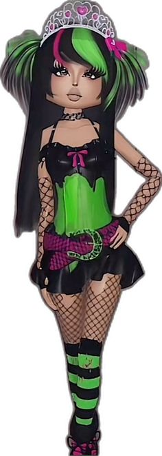 a woman in black and green outfit standing with her hands on her hips while wearing fishnet stockings