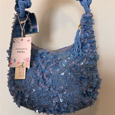 Handmade In India Blue Beaded Bag. Brand New With Tags From Tj Maxx And Marshall’s Embroidered Crossbody Bag, Blue Tote Shoulder Bag For Party, Blue Spring Hobo Shoulder Bag, Chic Blue Embellished Bag, Chic Embellished Blue Bag, Blue Embellished Shoulder Bag For Party, Summer Blue Beaded Shoulder Bag, Blue Summer Evening Shoulder Bag, Blue Evening Shoulder Bag For Spring