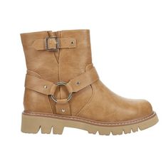 The Pick Of The Patch Boots feature a faux leather upper, side zipper for easy entry, buckle-closure strap for an adjustable fit, and a harness. Size: 10.  Color: Brown. Barn Boots, Women's Motorcycle Boots, Casual Ankle Boots, Boots For Short Women, Round Toe Shoes, Biker Boots, Motorcycle Boots, Comfy Shoes, Womens Ankle Boots