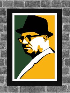 a painting of a man wearing a hat and glasses on a brick wall with a black frame