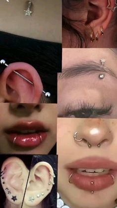 multiple pictures of different types of piercings on the side of their ears and nose