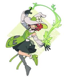 a cartoon character with a green hat and dress holding a flower in one hand while walking