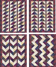 three quilts with different designs on them, one in purple and the other in yellow