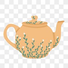 an orange teapot with green leaves and flowers on it, sitting in front of a white background