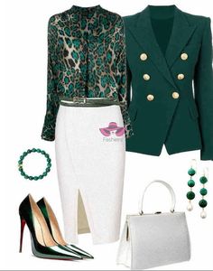 Embrace fall’s latest trends with this power-packed outfit that balances bold patterns with timeless elegance. The leopard-print blouse in rich, deep green adds a wild, stylish flair, perfectly complemented by the sleek emerald-green blazer with gold button detailing, exuding a polished and commanding look. A classic white pencil skirt with a subtle front slit ensures a refined silhouette, creating an elegant contrast against the statement top. The green gradient stilettos add a sharp edge, while the white structured handbag keeps things modern and classy. Finish off the look with emerald statement jewelry for a coordinated, polished touch. Fall Fashion Chic, White Pencil Skirt, Pinterest Trends, Green Gradient, Pencil Skirt White, White Pencil, Bold Patterns, Green Blazer, Early Fall Outfit