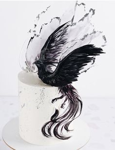 a cake decorated with black and white feathers