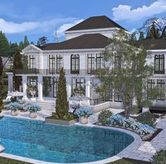 an artist's rendering of a mansion with a pool in the foreground and landscaping around it