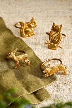 three gold rings with animals on them sitting on a cloth next to some green plants