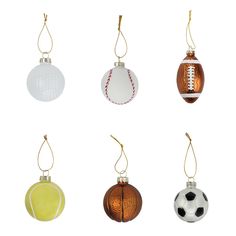 an assortment of christmas ornaments hanging from strings