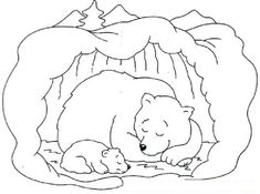 a bear and her cub are sleeping in the cave coloring page for children to color