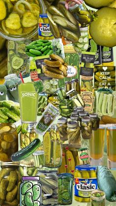 a collage of pickles, cucumbers, and other food items is shown