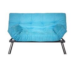 a blue futon chair sitting on top of a metal frame