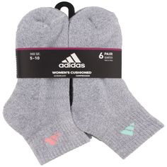 With moisture-wicking yarn and arch compression, these quarter-length adidas socks keep you comfortable however you move. Includes 6 pairs of socks Arch compression for a secure fit Cushioned in the foot for comfort and durability Moisture-wicking yarn keeps your feet dry from sweatFIT & SIZING Sock size 9-11 fits shoe sizes 5-10 Quarter length stylingFABRIC & CARE Polyester, spandex, rubber Machine wash Imported Color: Grey. Gender: female. Age Group: adult. Adidas Socks, 6 Packs, Socks Women, Adidas Women, Arch, Socks, Yarn, Adidas, Color