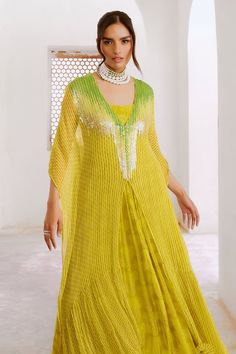 Lemon green kaftan with all over matchstix print, elevated with sequin, ombre embroidery. - Aza Fashions Ombre Embroidery, Green Kaftan, Kaftan Pattern, Kaftan For Women, Embroidered Kaftan, Three Quarter Sleeves, Quarter Sleeve, Aza Fashion, Jaipur