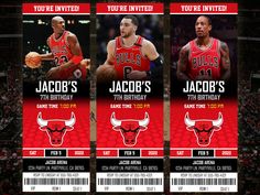 three chicago bulls ticket cards with the name and number of each player in red on them