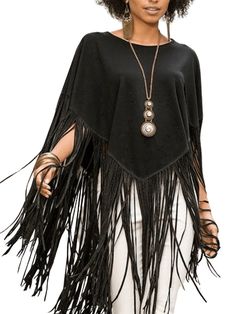 Daily Crew Neck Fringed Solid Loose Top Vintage Tassel Aysmmetric Hem Smock Tops Pullover Cape Cloak Cape Cloak, Fringe Poncho, Western Tops, Spa Retreat, Fringed Poncho, Tassels Fashion, Smock Top, Africa Fashion, Autumn Fashion Casual