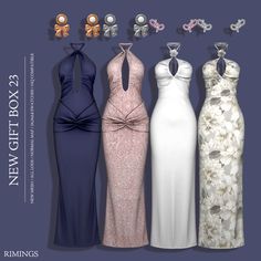 four dresses are shown in different colors and sizes