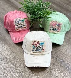 Life is Better at the Lake - Lake Life Hat - Distressed - 3 Colors! Great for boating, vacation, jeeping, or a day at the beach! Distressed Summer Beach Hats, Distressed Hats For Beach In Summer, Distressed Beach Hat For Summer, Vintage Distressed Beach Hat, Auburn Baseball, Pool Gifts, Beach Jeep, Caps Game, Distressed Hat