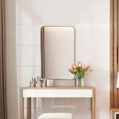 a white vanity with a mirror and stool