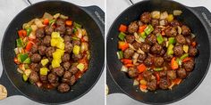 two pictures of meatballs and vegetables cooking in a skillet