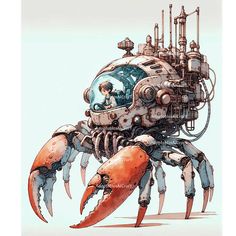 a drawing of a crab with a man in it's head and an engine on its back