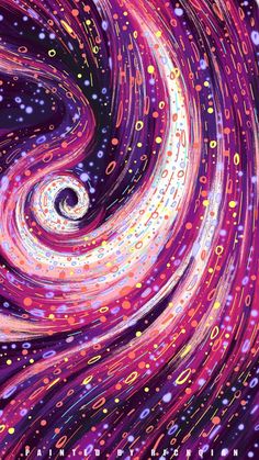 an abstract painting with colorful swirls and dots in purple, pink, yellow and white