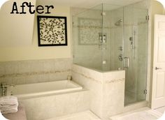 before and after pictures of a bathroom remodel with tub, shower, toilet and sink