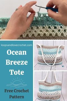 the ocean breeze tote crochet pattern is shown in three different pictures, and it