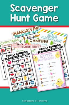 the scavenger hunt game is shown in three different colors and font, with an image