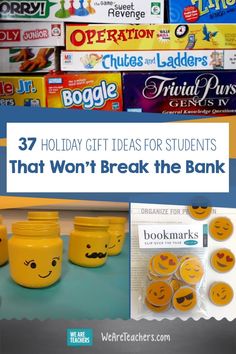 yellow plastic jars with smiley faces on them and the words 37 holiday gift ideas for students that won't break the bank