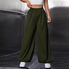 Style: CasualFit: LooseFabric: PolyesterPattern: SolidElement: PocketRise: High RiseProduct Type: Cargo,Wide LegPant Length: FullMain Composition: PolyesterSeason: Seasonless Loose Fabric, Pant Length, Casual Fit, Womens Fall, Casual Fits, Chic Design, Wide Leg Trousers, Coat Dress, Trousers Women